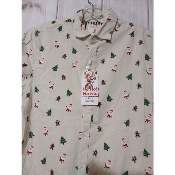 Denim and Flower Shirt Men's Medium Christmas Button Front Short Sleeve Tan Chri - Picture 2 of 8